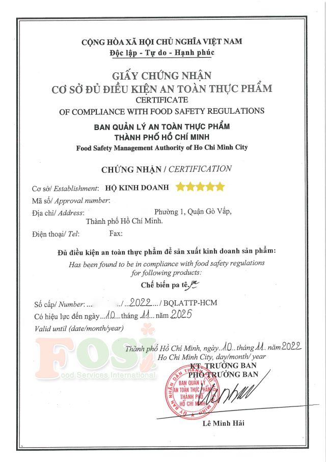 giấy chứng nhận an toàn vệ sinh thực phẩm